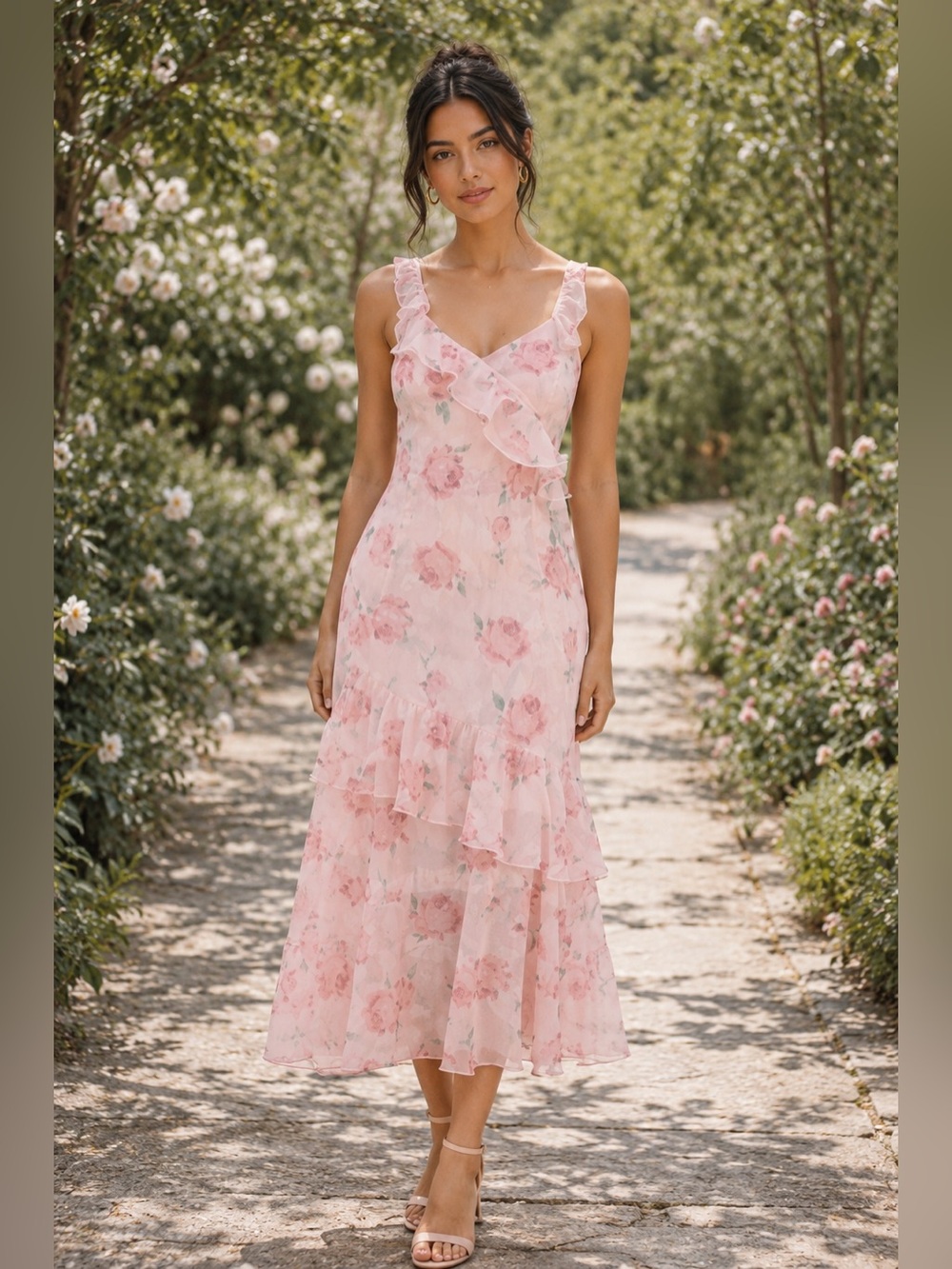 Papermoon Pink Floral Size M Midi Dress Open Back Tie Chiffon Romantic NWT‎